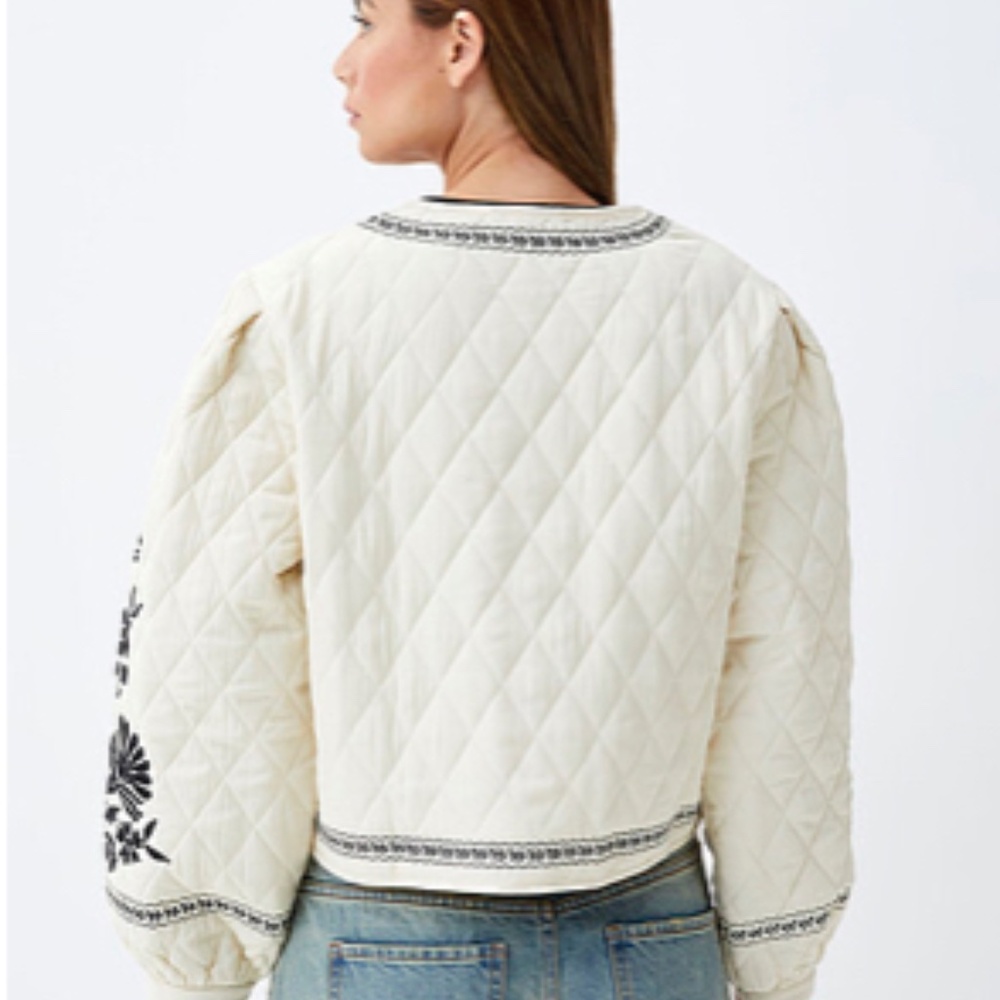 Embroidered Quilted Jacket - Cream with Black Floral - Picture 3 of 3